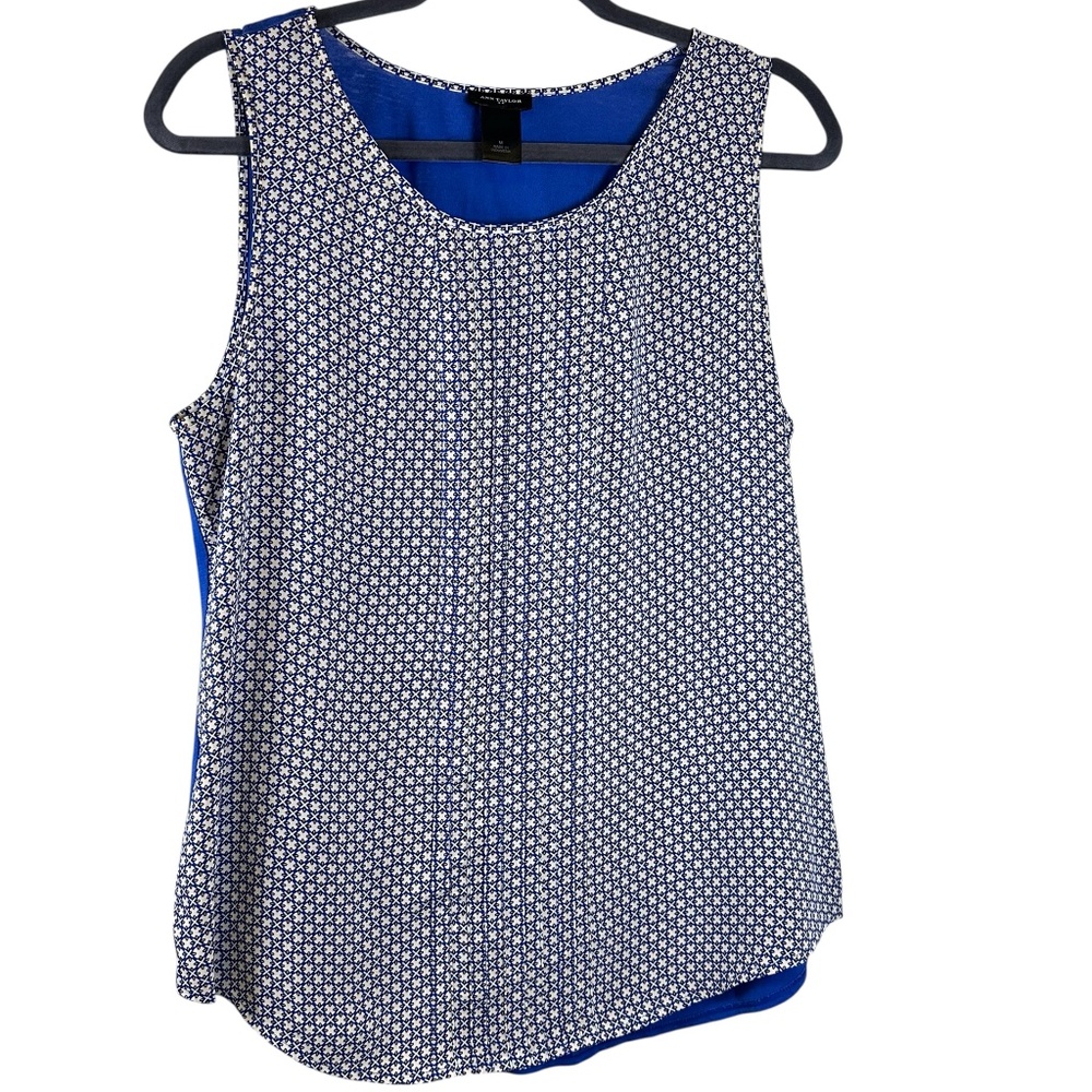 Ann Taylor Blue Geometric Print Mixed Media Shell Pintuck Tank Medium